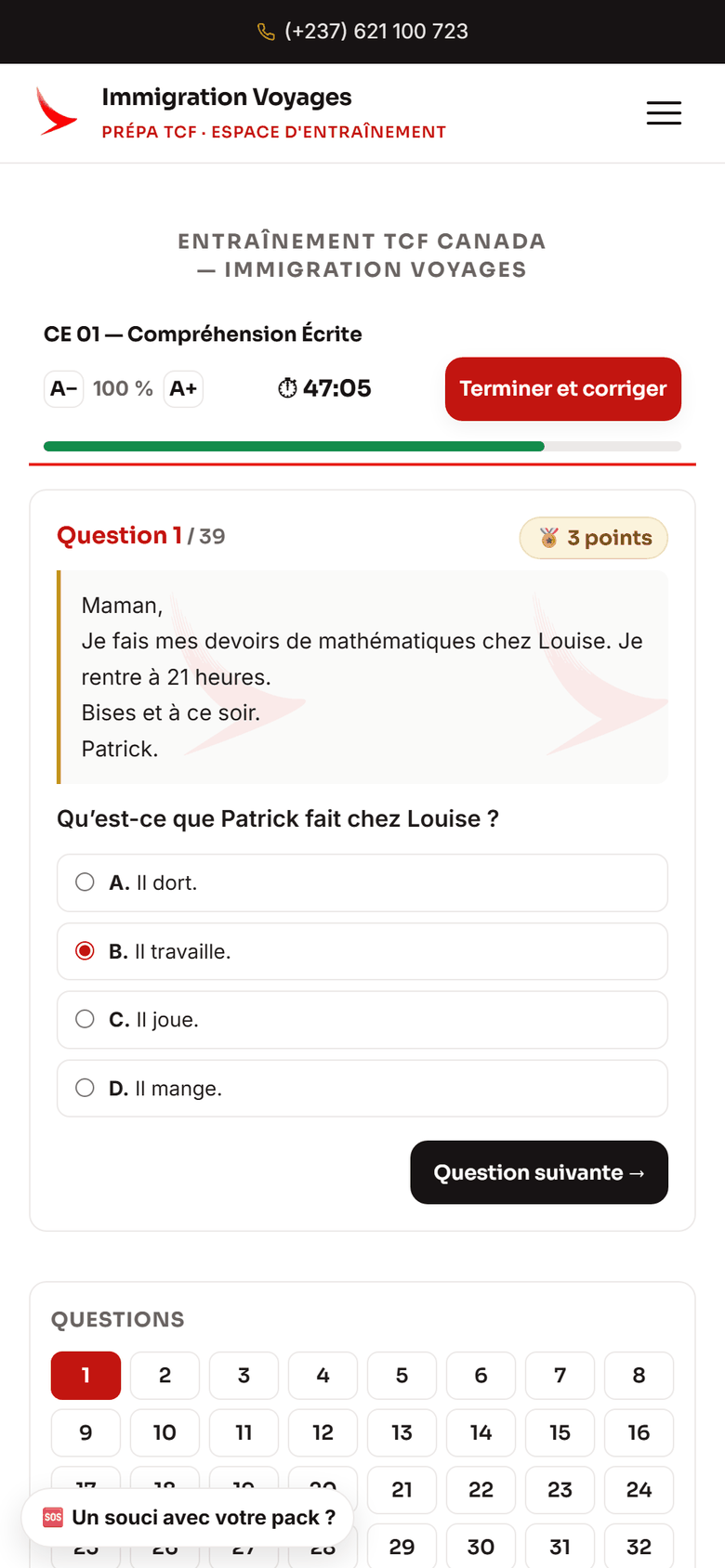 L'écran d'un test de compréhension écrite sur téléphone : la liste des 39 questions, la question affichée, le chronomètre qui tourne