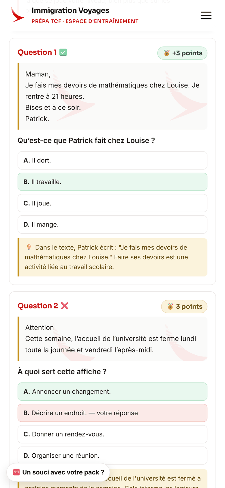L'écran de correction : le pointage sur 699, le niveau NCLC, et pour chaque question la bonne réponse et l'explication